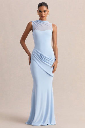 Lyssy | Azul Celeste Cuello Alto Vestido Largo con Detalle de Malla