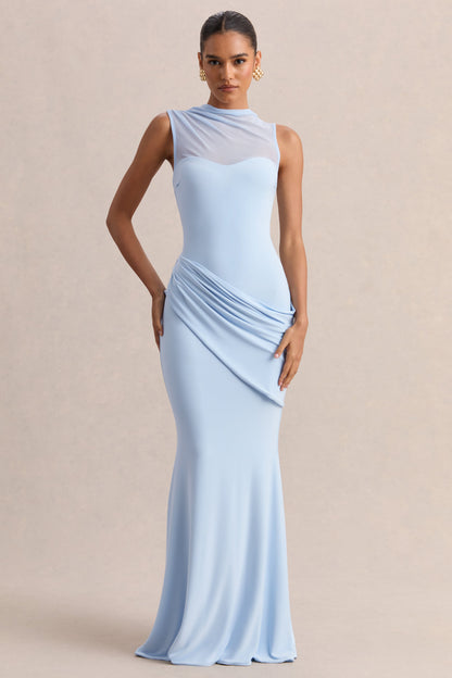 Lyssy | Azul Celeste Cuello Alto Vestido Largo con Detalle de Malla