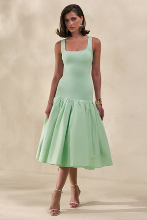 Nanette | Vestido Midi Verde Menta Con Cuello Cuadrado Y Falda Voluminosa