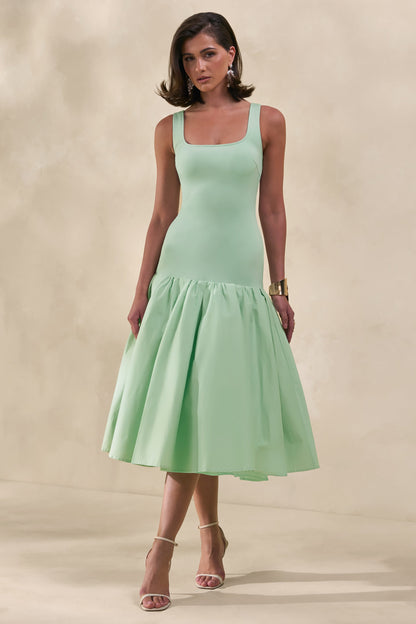 Nanette | Vestido Midi Verde Menta Con Cuello Cuadrado Y Falda Voluminosa