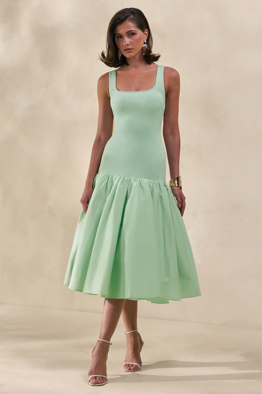 Nanette | Vestido Midi Verde Menta Con Cuello Cuadrado Y Falda Voluminosa