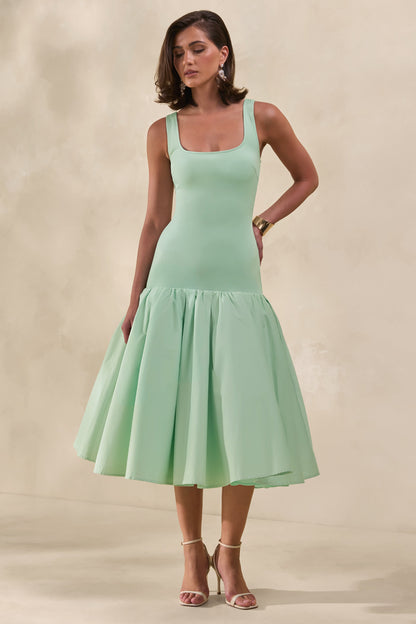 Nanette | Vestido Midi Verde Menta Con Cuello Cuadrado Y Falda Voluminosa