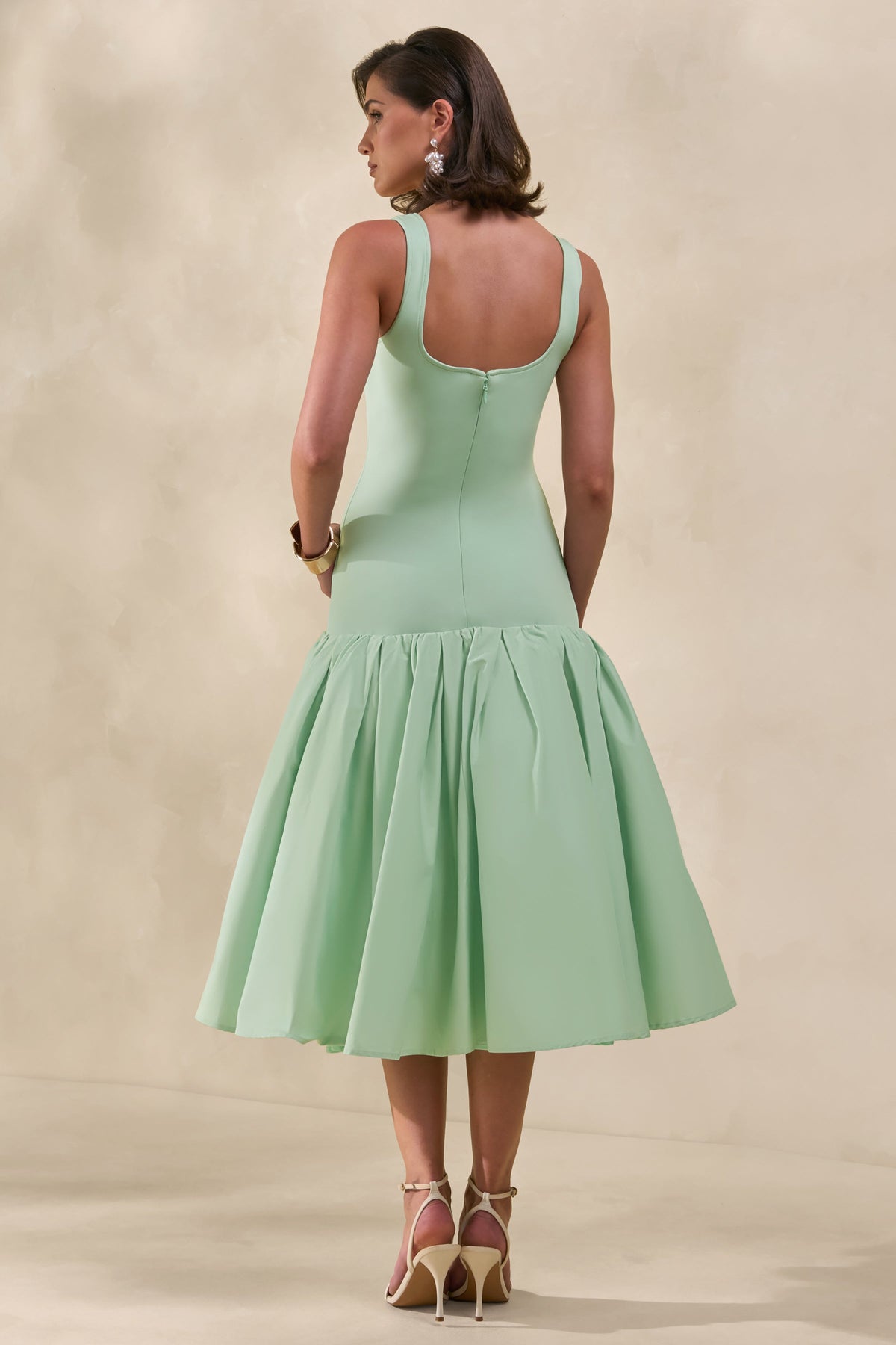 Nanette | Vestido Midi Verde Menta Con Cuello Cuadrado Y Falda Voluminosa