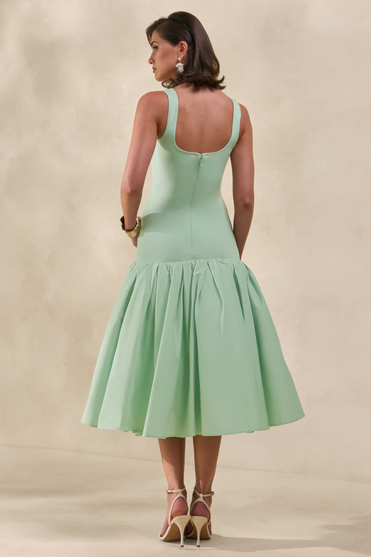 Nanette | Vestido Midi Verde Menta Con Cuello Cuadrado Y Falda Voluminosa