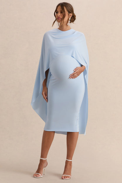 Arwen | Vestido Midi Premamá Azul Polvos De Jersey Elástico Premium Con Escote Redondo Y Detalle De Capa
