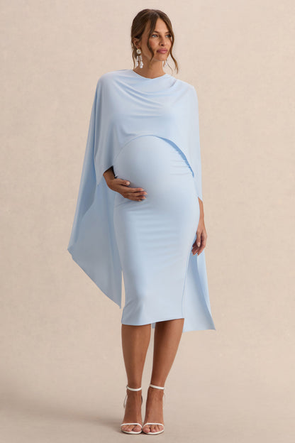 Arwen | Vestido Midi Premamá Azul Polvos De Jersey Elástico Premium Con Escote Redondo Y Detalle De Capa