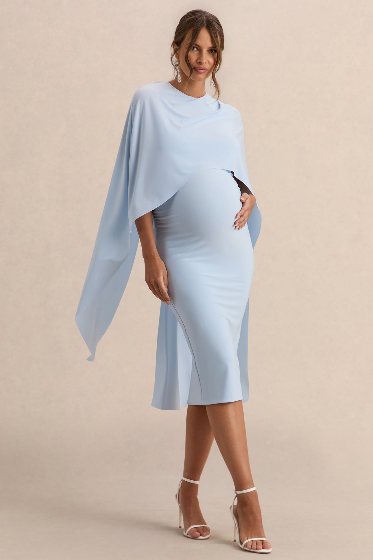 Arwen | Vestido Midi Premamá Azul Polvos De Jersey Elástico Premium Con Escote Redondo Y Detalle De Capa