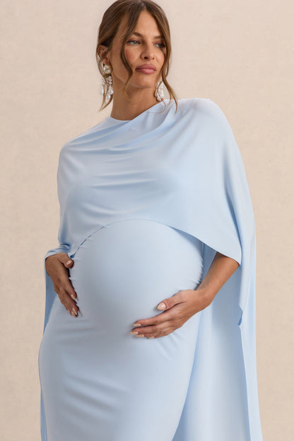 Arwen | Vestido Midi Premamá Azul Polvos De Jersey Elástico Premium Con Escote Redondo Y Detalle De Capa