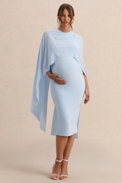 Arwen | Vestido Midi Premamá Azul Polvos De Jersey Elástico Premium Con Escote Redondo Y Detalle De Capa