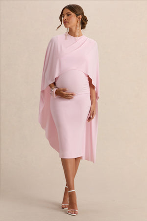 Arwen | Vestido Midi Premamá Rosa Claro De Jersey Elástico Premium Con Escote Redondo Y Detalle De Capa