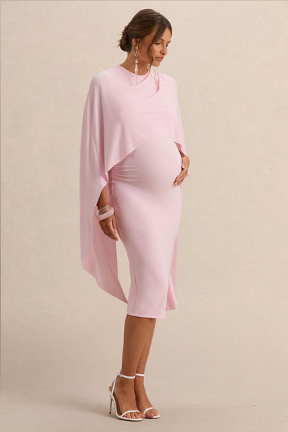 Arwen | Vestido Midi Premamá Rosa Claro De Jersey Elástico Premium Con Escote Redondo Y Detalle De Capa