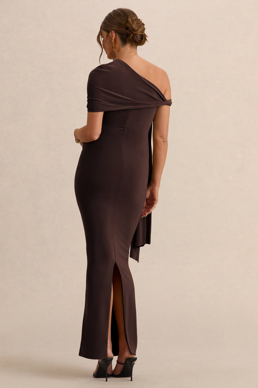 Isela | Vestido Largo Marrón oscuro Premamá de Escote Asimétrico con Detalle de Fajín