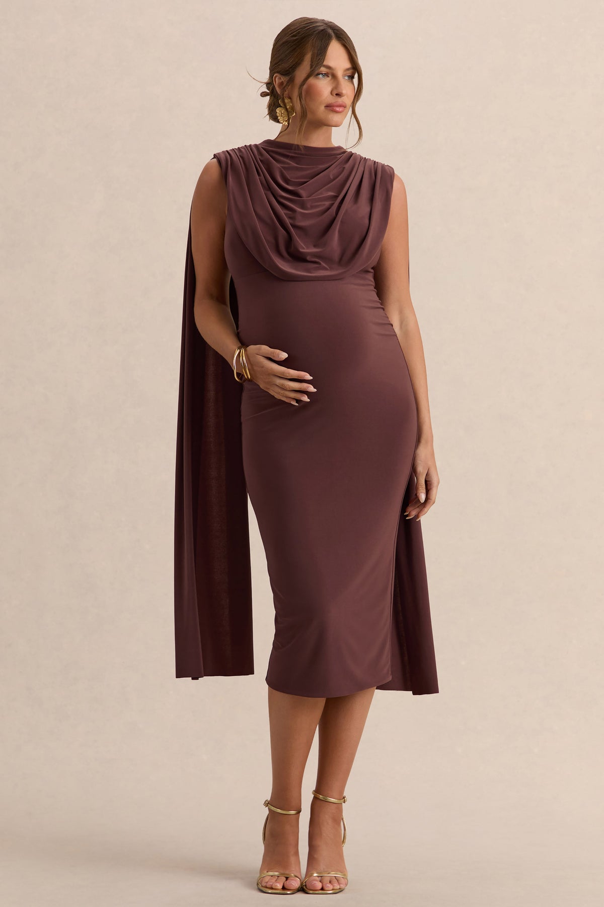 Milaine | Vestido Midi Premamá Marrón Oscuro De Jersey Elástico Premium Con Escote Redondo Y Mangas De Capa