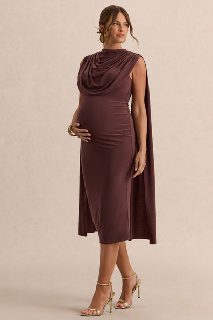 Milaine | Vestido Midi Premamá Marrón Oscuro De Jersey Elástico Premium Con Escote Redondo Y Mangas De Capa