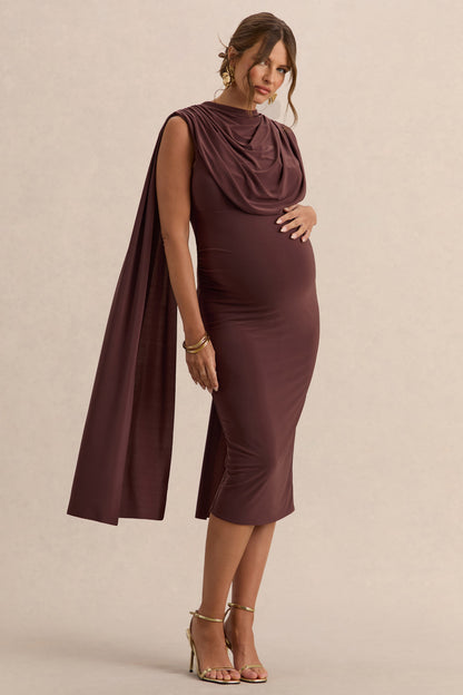 Milaine | Vestido Midi Premamá Marrón Oscuro De Jersey Elástico Premium Con Escote Redondo Y Mangas De Capa