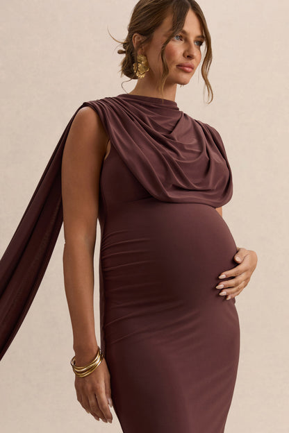 Milaine | Vestido Midi Premamá Marrón Oscuro De Jersey Elástico Premium Con Escote Redondo Y Mangas De Capa