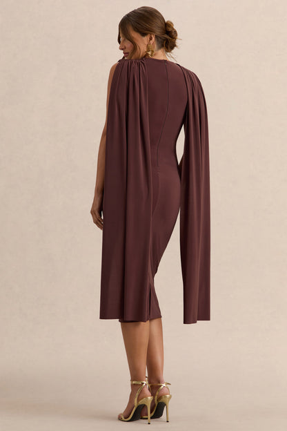 Milaine | Vestido Midi Premamá Marrón Oscuro De Jersey Elástico Premium Con Escote Redondo Y Mangas De Capa