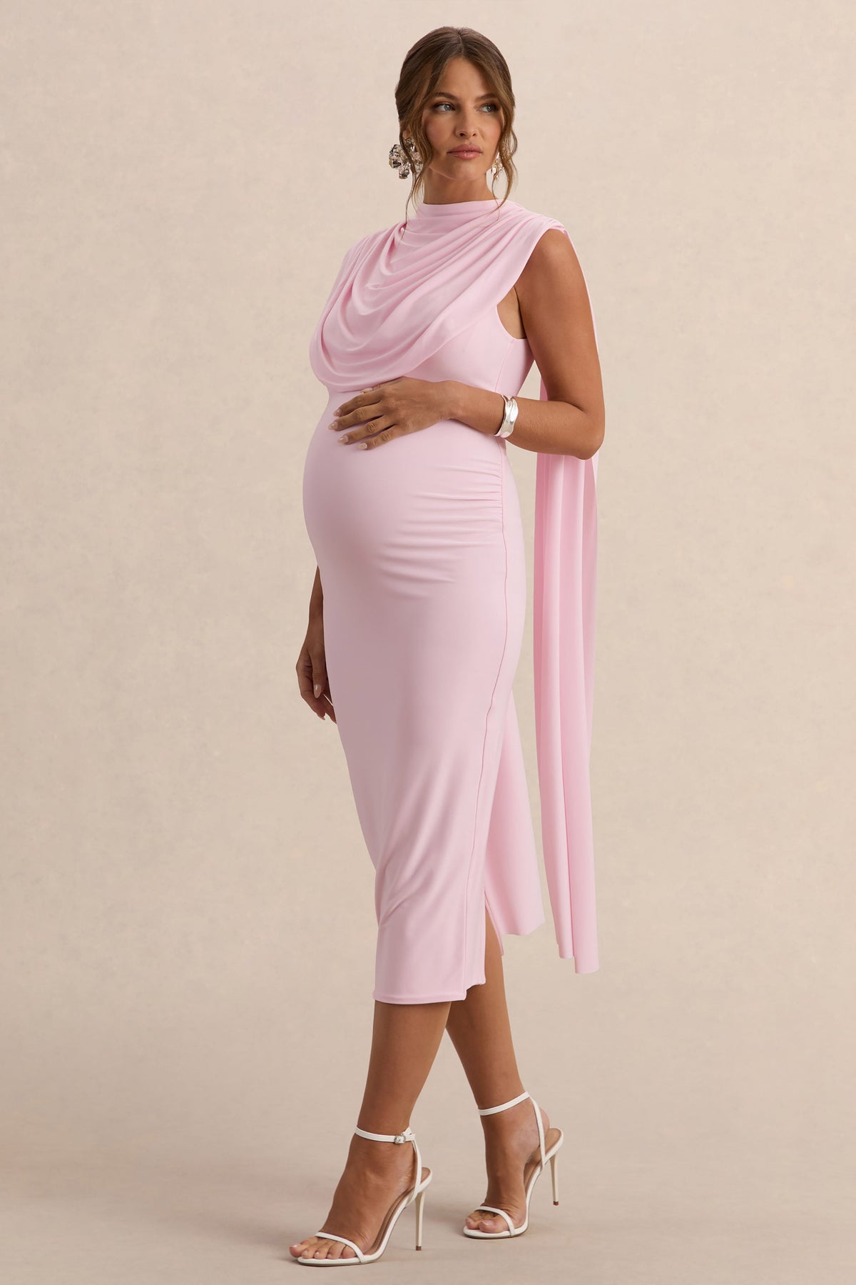 Milaine | Vestido Midi Premamá Rosa Claro De Jersey Elástico Premium Con Escote Redondo Y Mangas De Capa