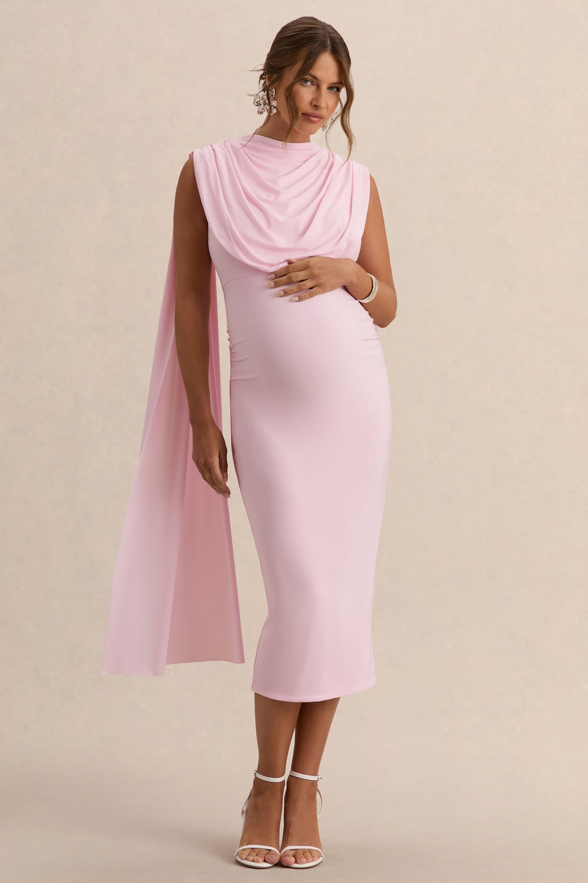 Milaine | Vestido Midi Premamá Rosa Claro De Jersey Elástico Premium Con Escote Redondo Y Mangas De Capa
