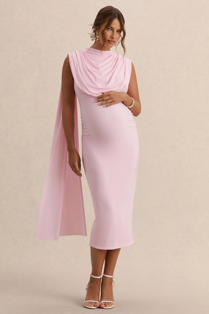 Milaine | Vestido Midi Premamá Rosa Claro De Jersey Elástico Premium Con Escote Redondo Y Mangas De Capa