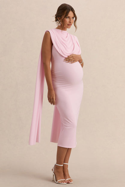 Milaine | Vestido Midi Premamá Rosa Claro De Jersey Elástico Premium Con Escote Redondo Y Mangas De Capa