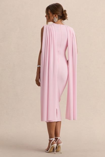 Milaine | Vestido Midi Premamá Rosa Claro De Jersey Elástico Premium Con Escote Redondo Y Mangas De Capa