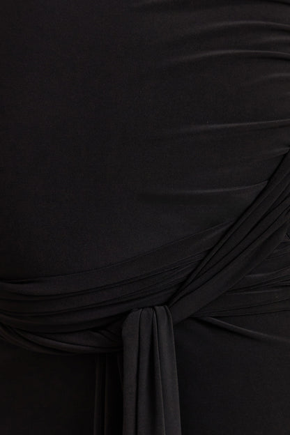 Felise | Vestido Largo Negro de Escote Redondo Premamá con Detalle Drapeado