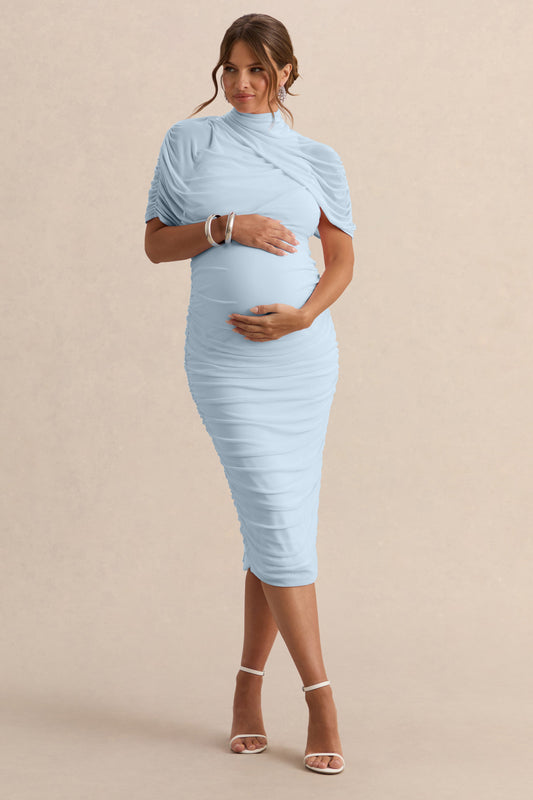 Aderyn | Vestido Midi Premamá Azul Claro De Cuello Alto Con Mangas Capa Transparente