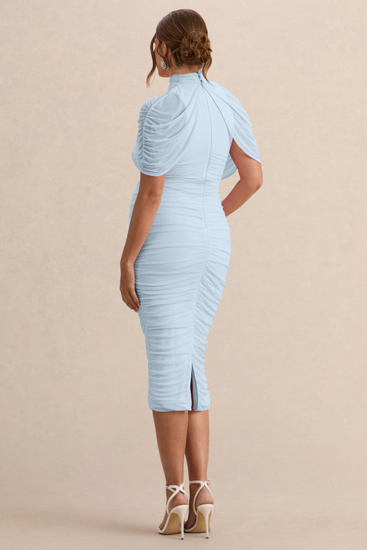 Aderyn | Vestido Midi Premamá Azul Claro De Cuello Alto Con Mangas Capa Transparente