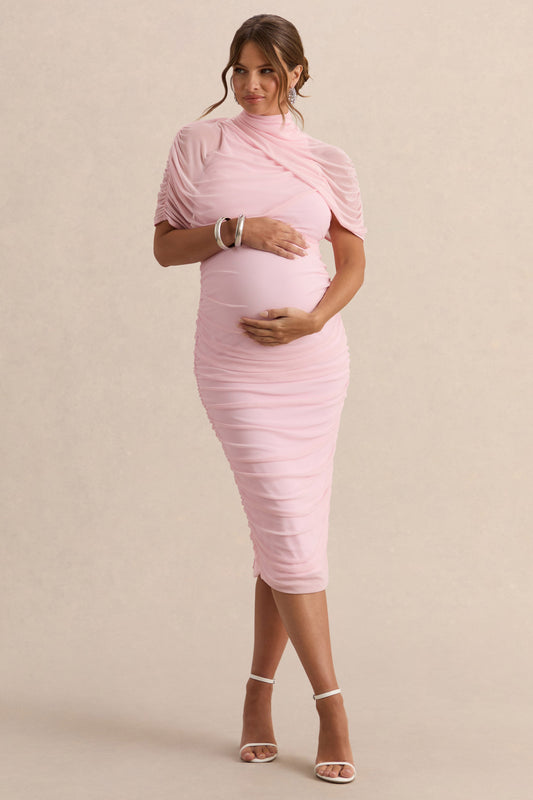 Aderyn | Vestido Midi Premamá Rosa Claro De Cuello Alto Con Mangas Capa Transparentes