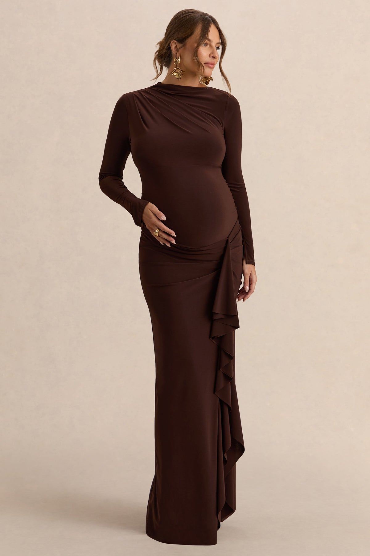 Kamira | Vestido Largo Marrón oscuro Premamá de Cuello Redondo con Detalle Drapeado
