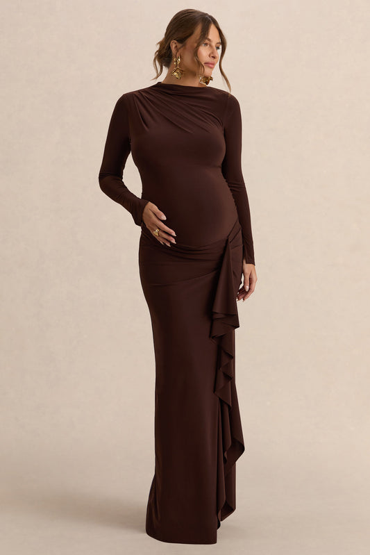 Kamira | Vestido Largo Marrón oscuro Premamá de Cuello Redondo con Detalle Drapeado