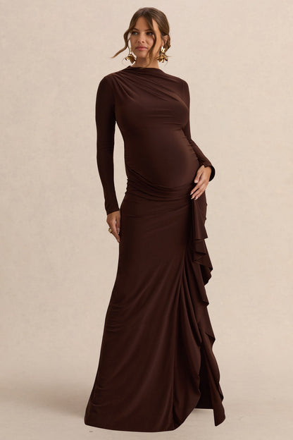 Kamira | Vestido Largo Marrón oscuro Premamá de Cuello Redondo con Detalle Drapeado
