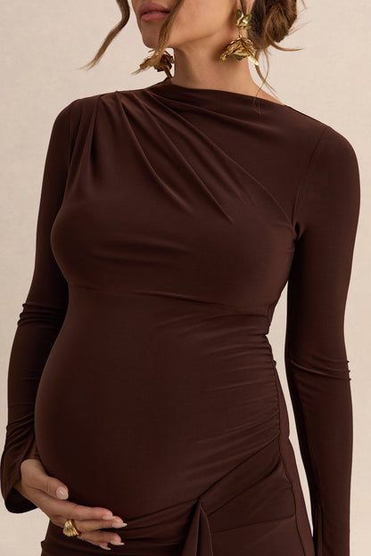 Kamira | Vestido Largo Marrón oscuro Premamá de Cuello Redondo con Detalle Drapeado