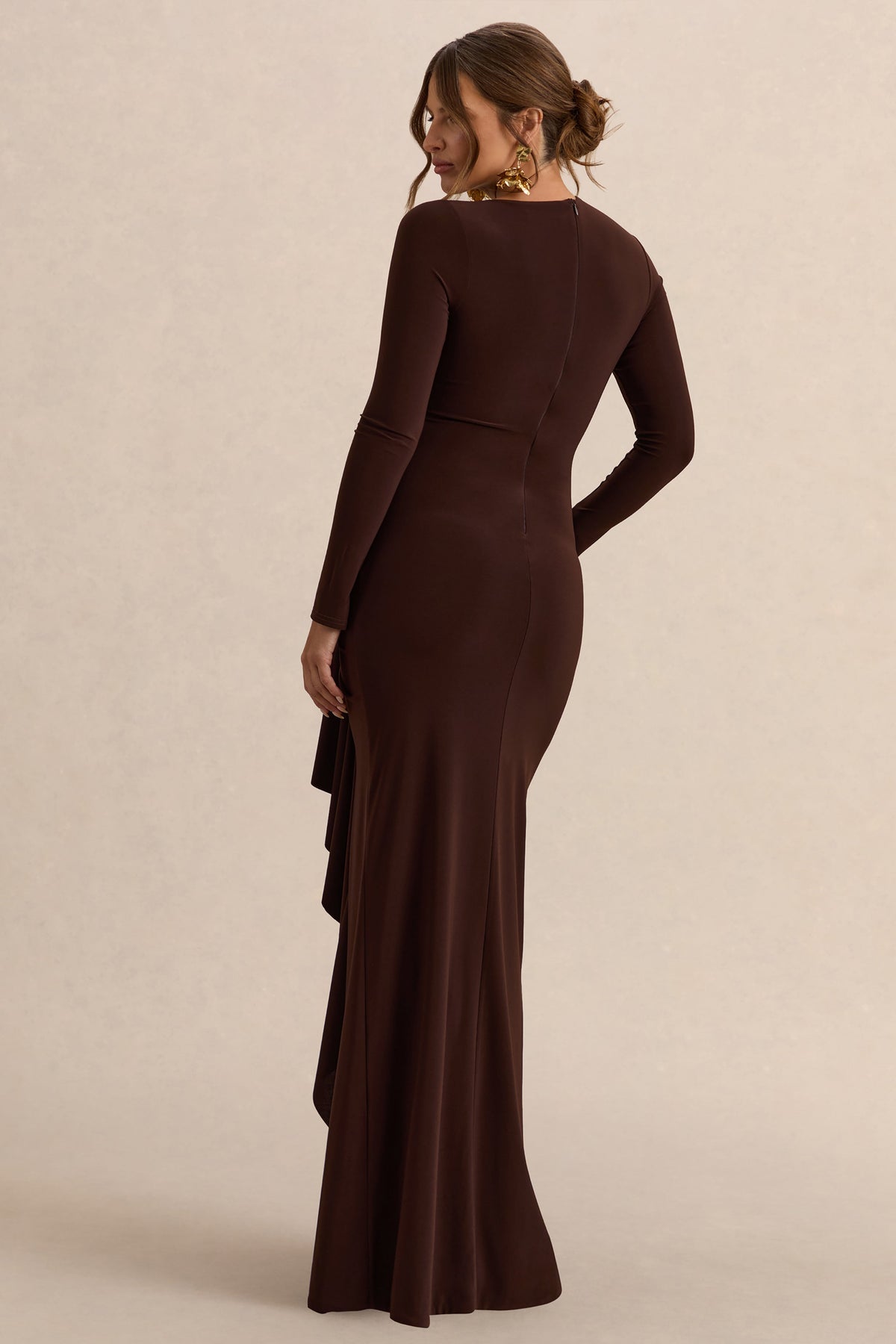 Kamira | Vestido Largo Marrón oscuro Premamá de Cuello Redondo con Detalle Drapeado