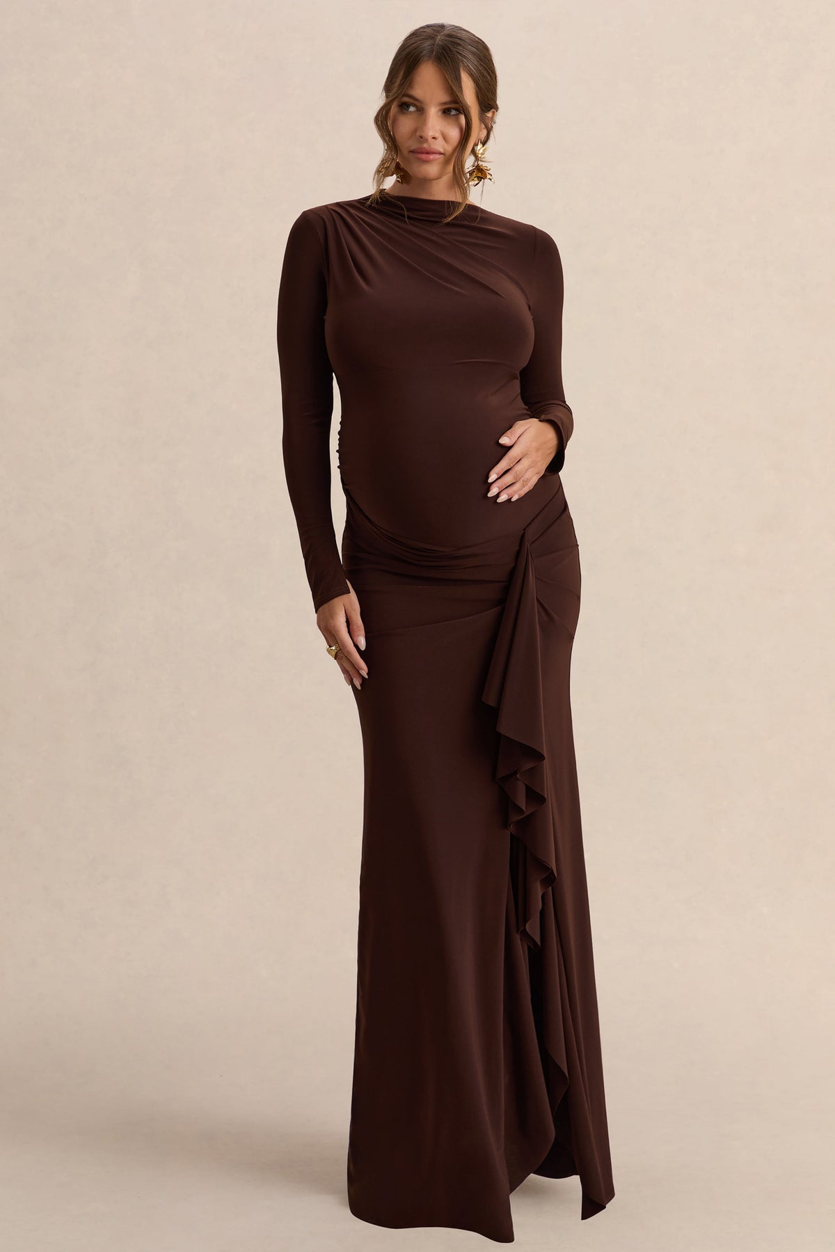 Kamira | Vestido Largo Marrón oscuro Premamá de Cuello Redondo con Detalle Drapeado