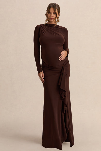 Kamira | Vestido Largo Marrón oscuro Premamá de Cuello Redondo con Detalle Drapeado