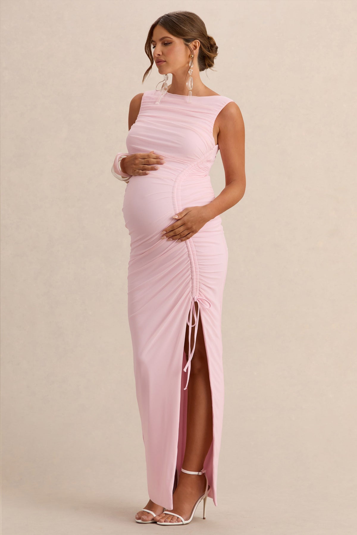 Alitha | Vestido Midi Rosa claro Premamá de Cuello Redondo con Detalle Fruncido y Abertura Frontal