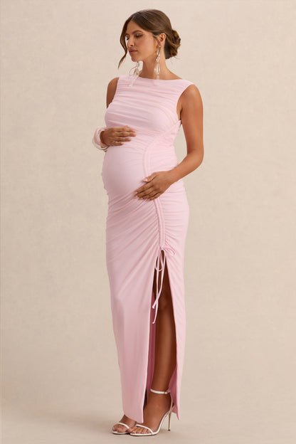 Alitha | Vestido Midi Rosa claro Premamá de Cuello Redondo con Detalle Fruncido y Abertura Frontal