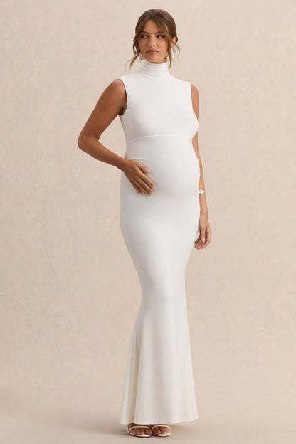 Saffira | Vestido Largo Blanco de Cuello Alto Premamá con Detalle Drapeado