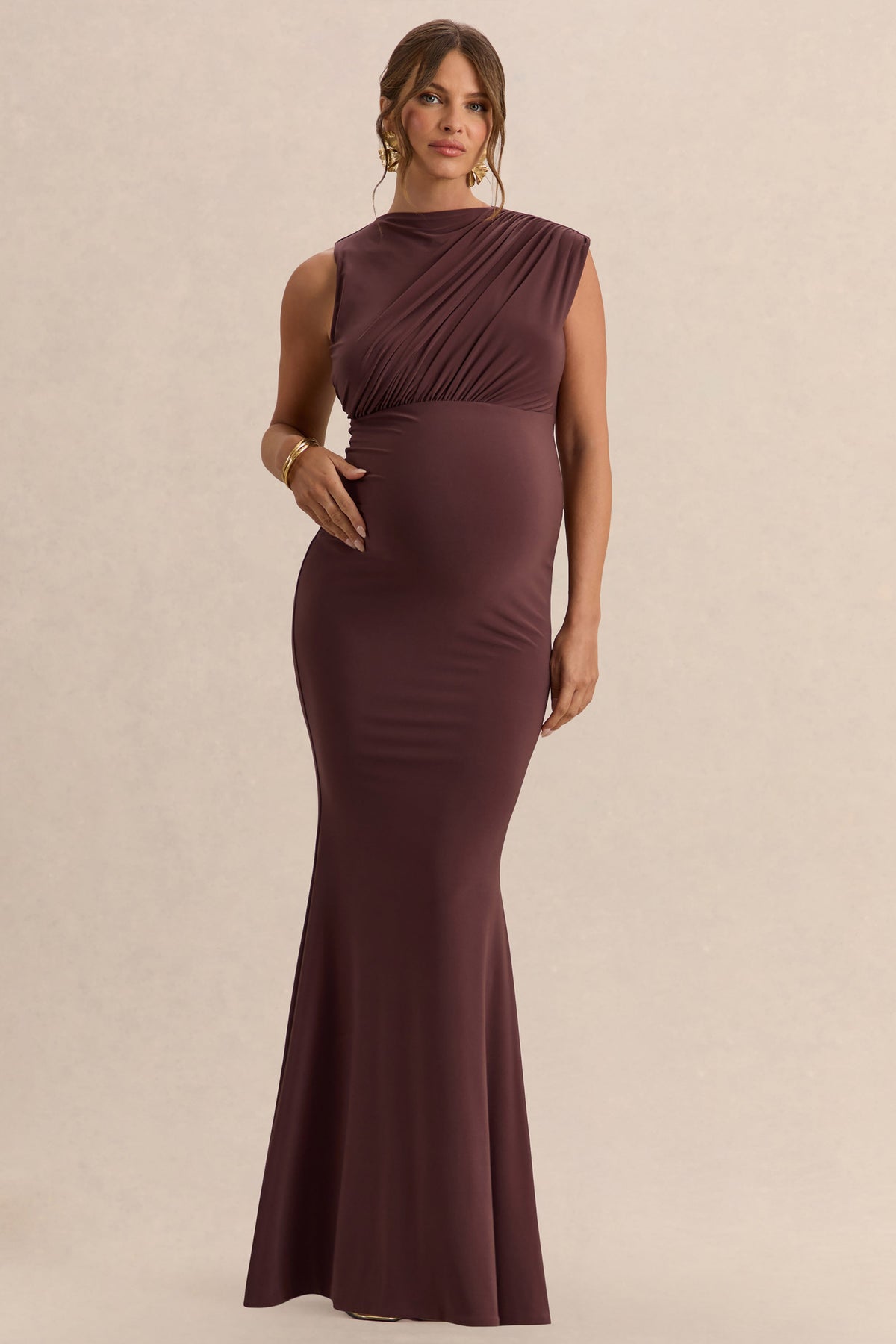 Osanna | Vestido Largo Premamá Marrón Oscuro De Jersey Elástico Premium Con Escote Amplio Y Detalle Fruncido