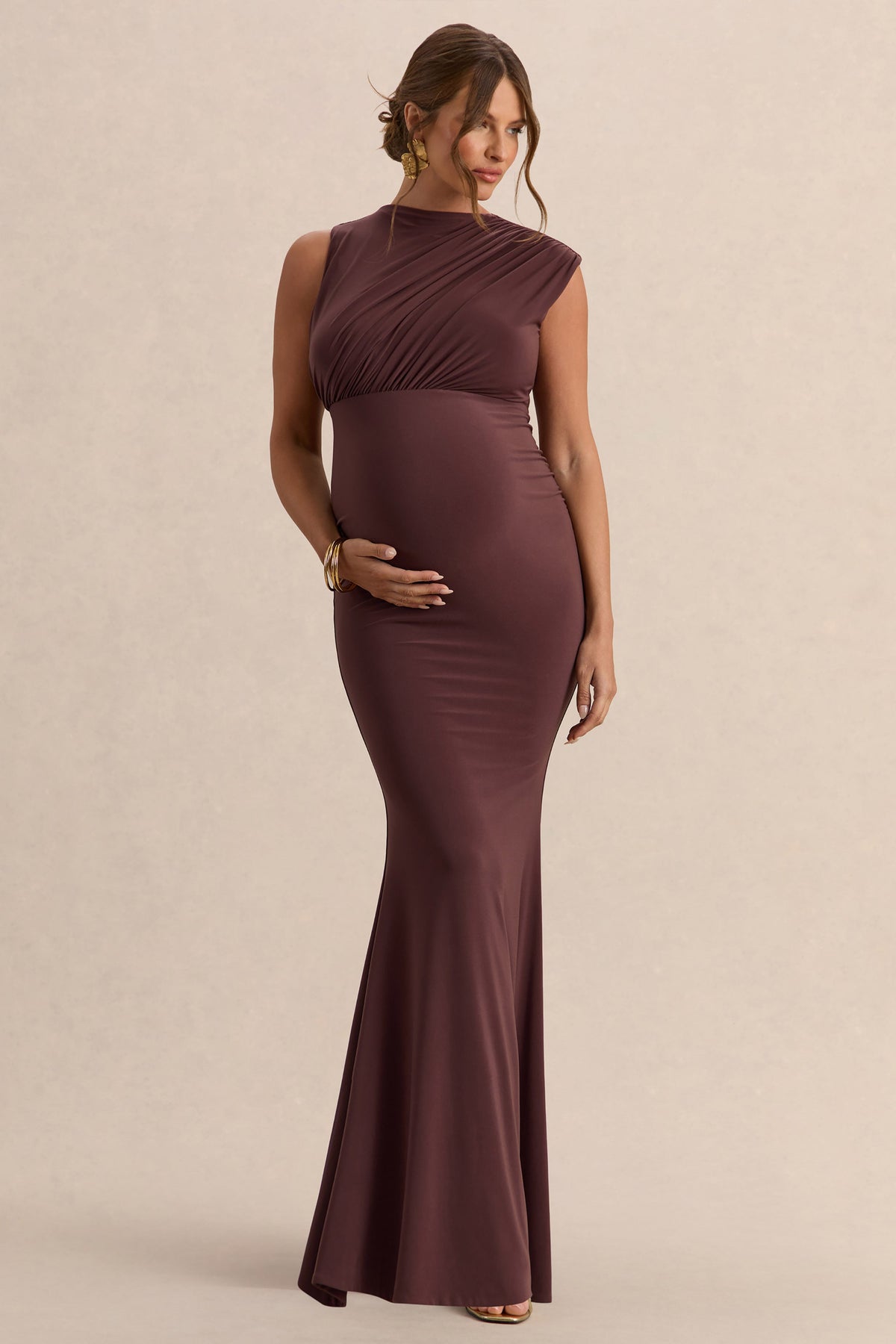 Osanna | Vestido Largo Premamá Marrón Oscuro De Jersey Elástico Premium Con Escote Amplio Y Detalle Fruncido