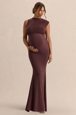 Osanna | Vestido Largo Premamá Marrón Oscuro De Jersey Elástico Premium Con Escote Amplio Y Detalle Fruncido