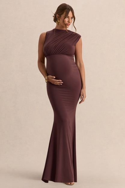 Osanna | Vestido Largo Premamá Marrón Oscuro De Jersey Elástico Premium Con Escote Amplio Y Detalle Fruncido