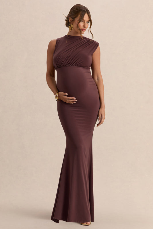 Osanna | Vestido Largo Premamá Marrón Oscuro De Jersey Elástico Premium Con Escote Amplio Y Detalle Fruncido
