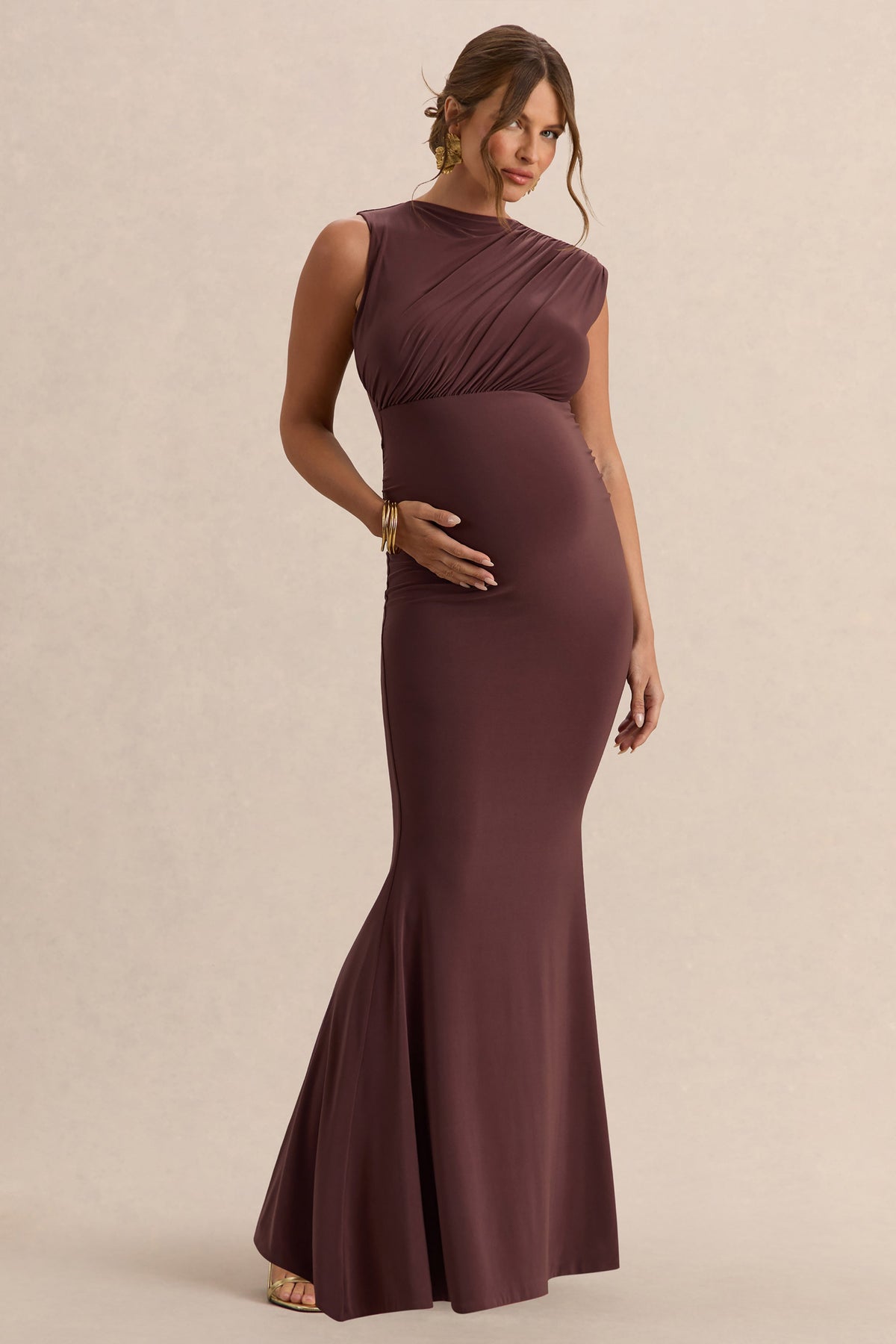 Osanna | Vestido Largo Premamá Marrón Oscuro De Jersey Elástico Premium Con Escote Amplio Y Detalle Fruncido