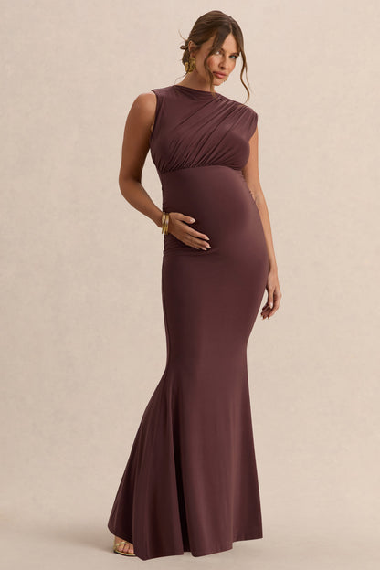 Osanna | Vestido Largo Premamá Marrón Oscuro De Jersey Elástico Premium Con Escote Amplio Y Detalle Fruncido