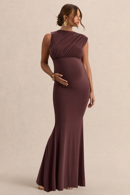 Osanna | Vestido Largo Premamá Marrón Oscuro De Jersey Elástico Premium Con Escote Amplio Y Detalle Fruncido