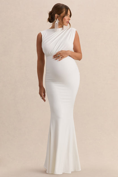 Osanna | Vestido Largo Premamá Blanco De Jersey Elástico Premium Con Escote Amplio Y Detalle Fruncido