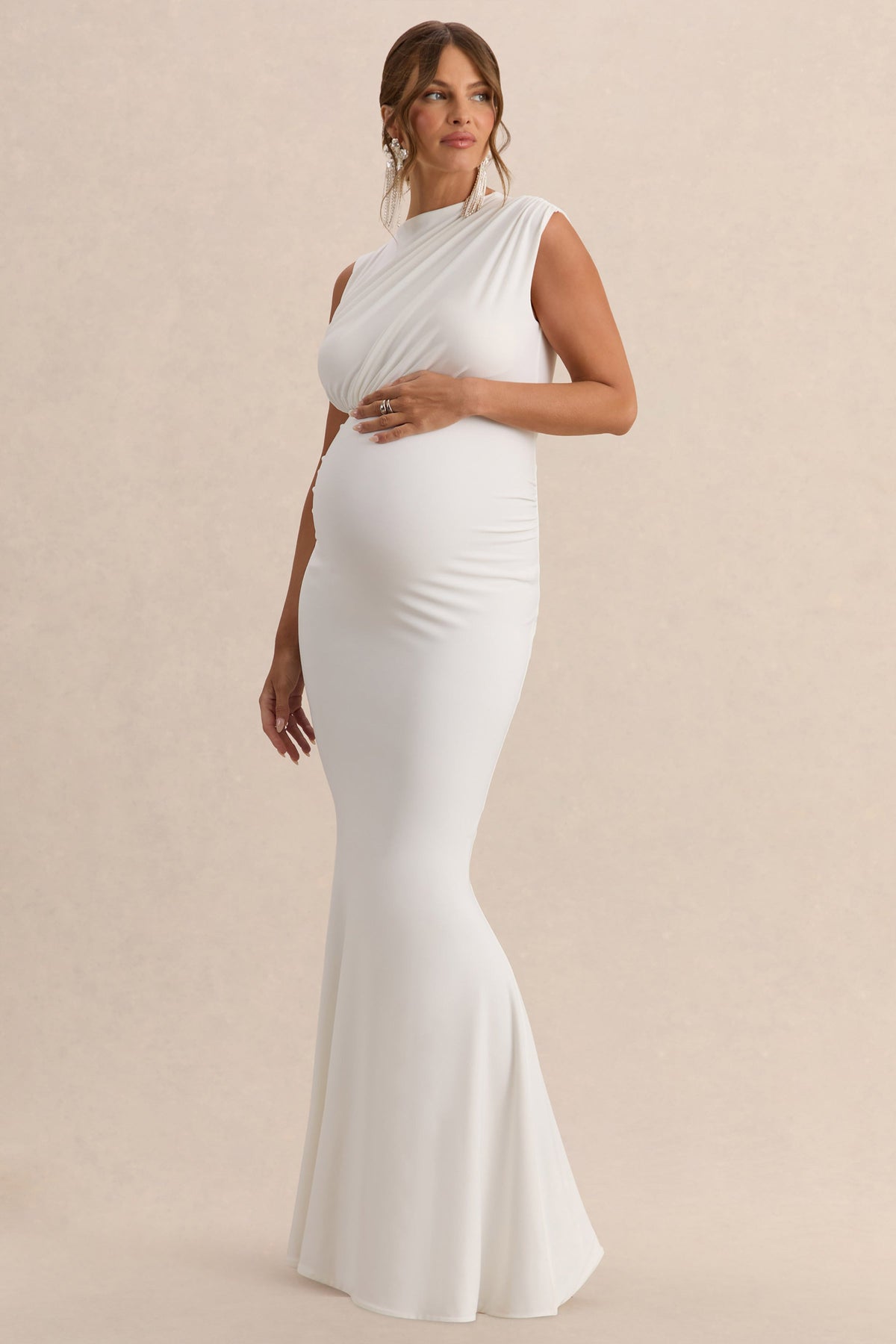 Osanna | Vestido Largo Premamá Blanco De Jersey Elástico Premium Con Escote Amplio Y Detalle Fruncido
